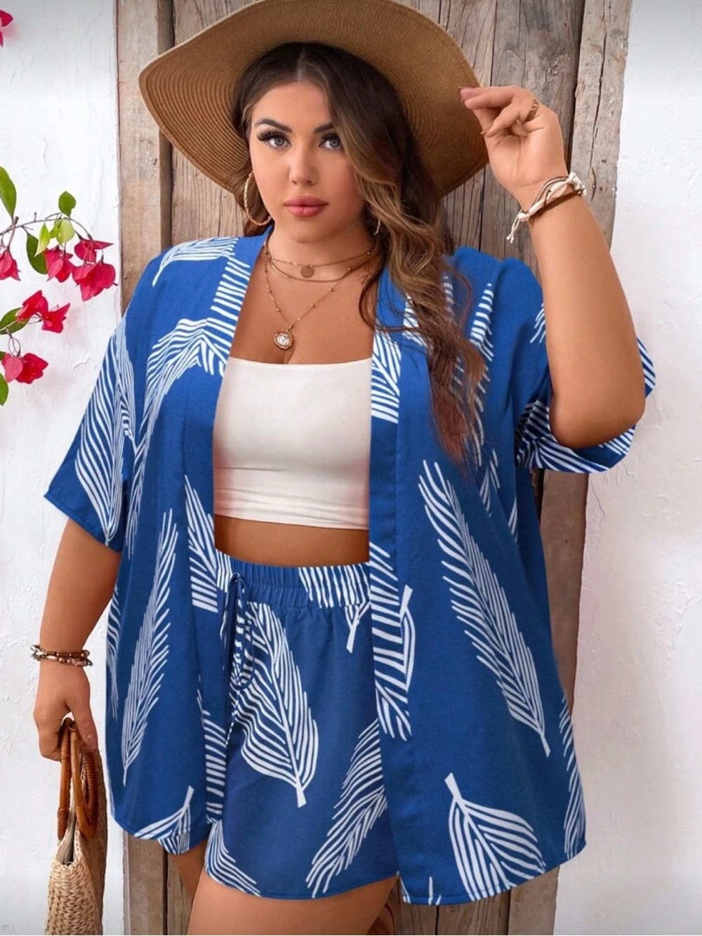 SHEIN Blue Palm-Print Women's Swim Coverup Set